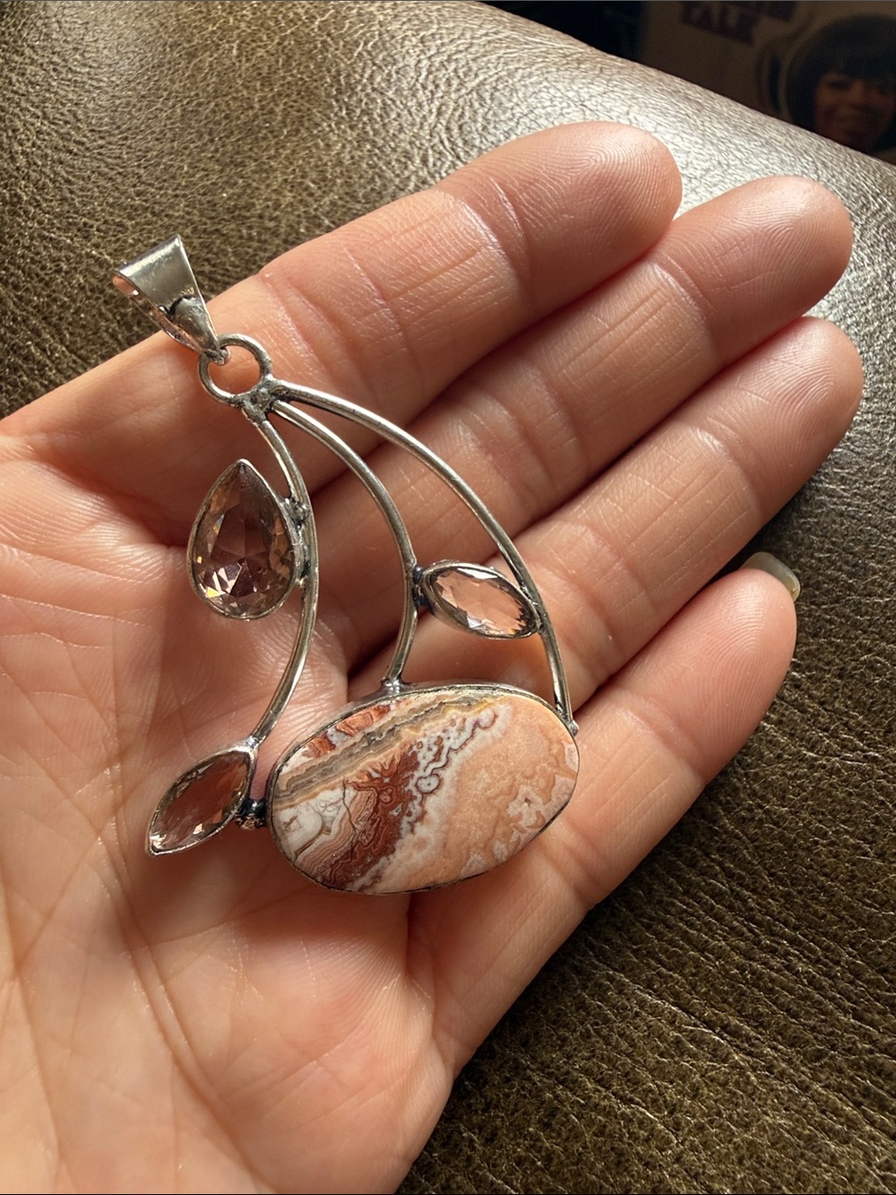 Artisan Silver-Tone Pink and Cream Agate W/morganite Pendant Necklace - NWOT